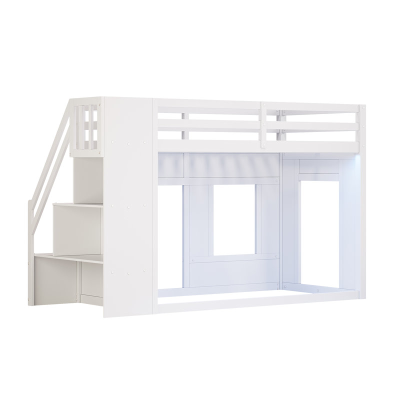 Lit mezzanine bas Lumistep avec escalier de rangement et lumières DEL intégrées, Lit simple, Blanc