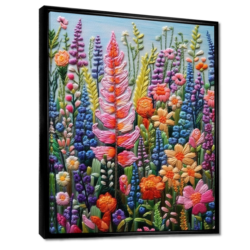Vibrant Blooming Spring Flower Meadow - Wildflowers Wall Art Decor, 20" H x 12" W x 1" D, Black Floater Framed Canvas