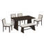 Ensemble de table de salle à manger rustique treillis Trexm 6 pièces au design brossé, table de salle à manger rectangulaire avec pieds trapézoïdaux, 4 chaises rembourrées en lin et 1 banc rembourré pour la salle à manger et la cuisine-133403880-133403883-133403884