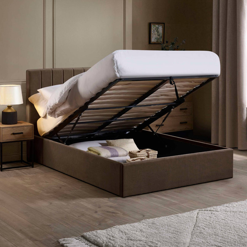 Osias Linen Upholstered Ottoman Bed Frame, Double (4'6), Brown