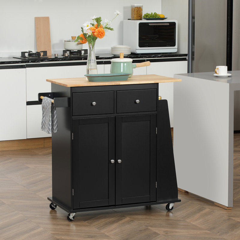 Bryceson Rolling Kitchen Island, Kitchen Cart with Rubberwood Top, Spice Rack, Black