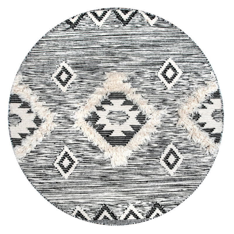 Adi Moroccan Lattice Hand-Knotted Wool Fringed Gray Area Rug, Round 8'
