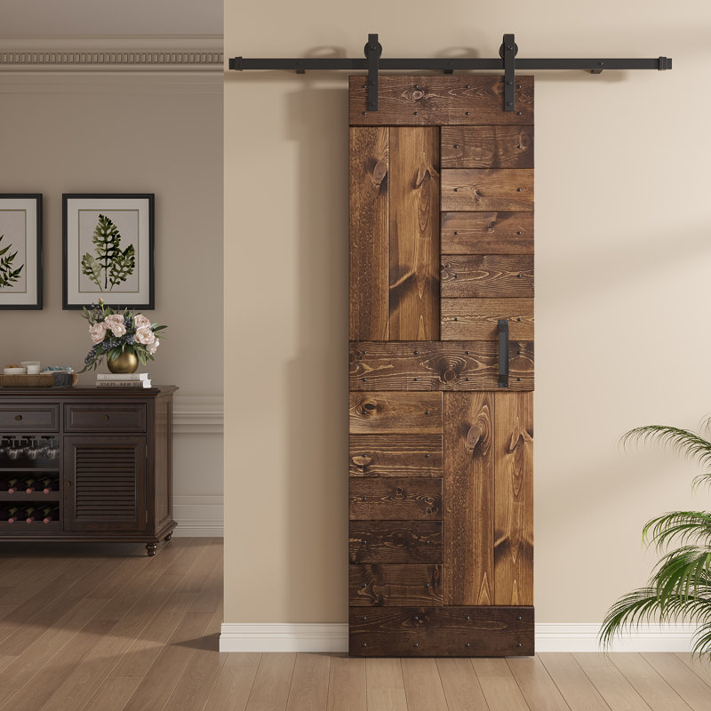 Porte de grange à panneaux en bois S Series avec trousse de quincaillerie d'installation, 24 po x 84 po, Noyer foncé
