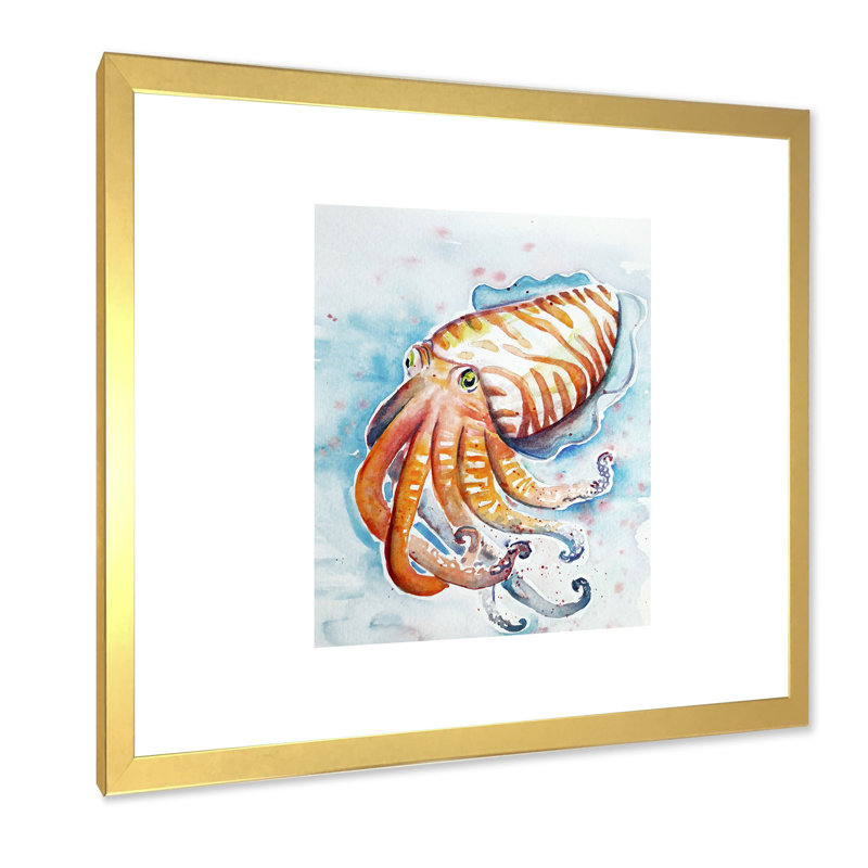 Aquarelle, seiche, art, H 36 po x l 36 po x P 1,5 po, Toile encadrée dorée