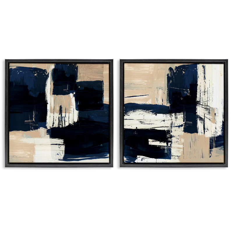 Ensemble de 2 toiles flottantes abstraites bleu marine neutre par Susan Jill, Cadre flottant noir de jais, H 25 po x l 25 po
