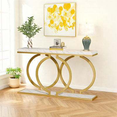 Gold Entryway Console Table With Faux Marble Top, 55.1" Large Storage Sofa Table, Suitable For Living Rooms, Foyers, Hallways, Etc.