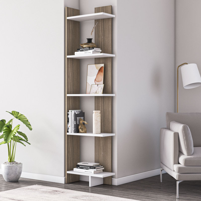 Deddrick Corner Bookcase, White/Cordoba, (5 Shelves) 67" H x 18" W x 9" D