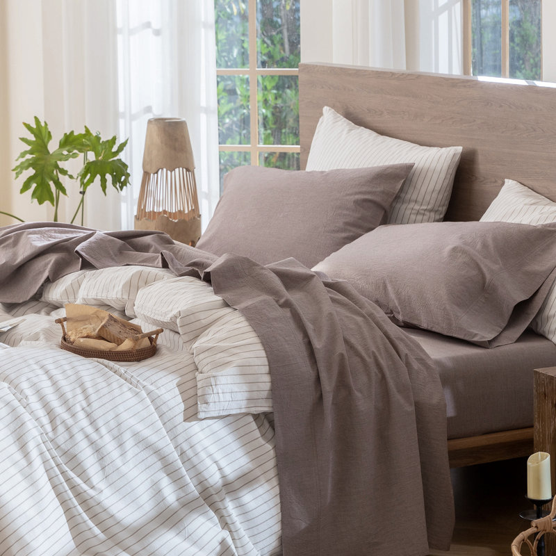 Ensemble de draps MooMee, Ensemble de draps pour très grand lit avec 2 taie, Mauve / brun