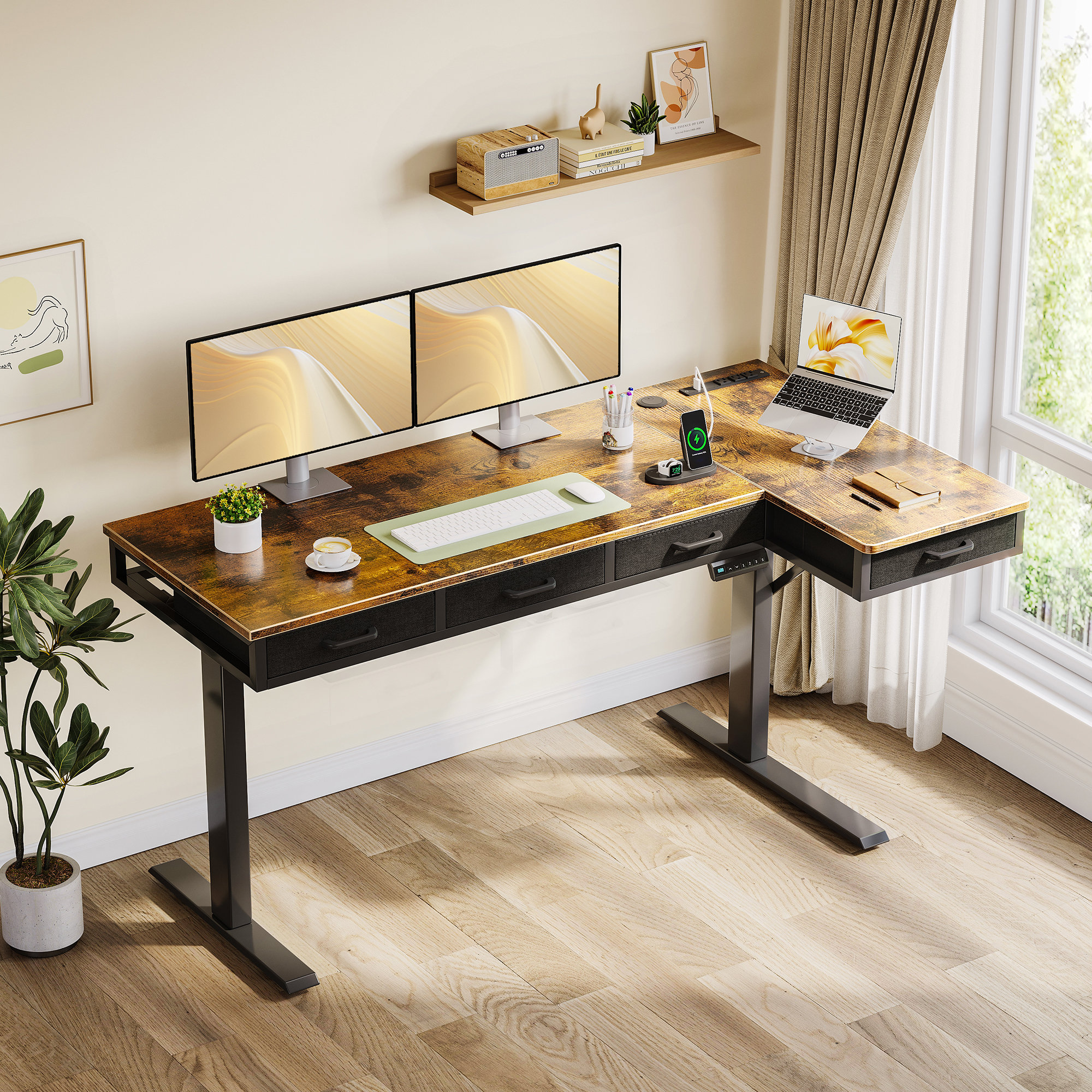 Image showcasing 17 Stories Electric Standing Desk With 4 Under-desk Drawers, Height ...