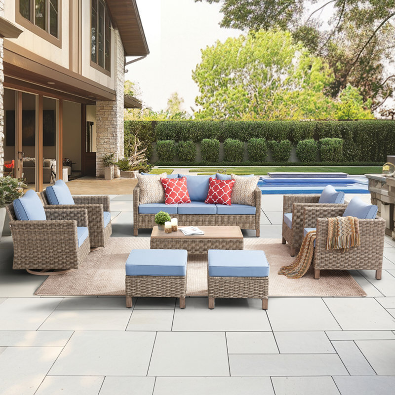 8 Piece Patio Outdoor Conversation Set With Swivel Chairs, Blue