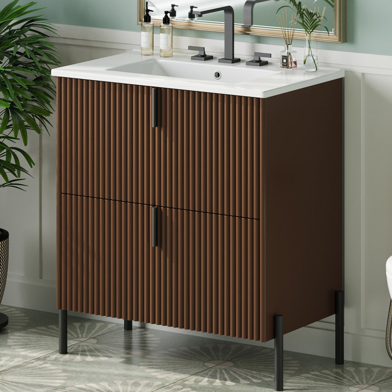 Meuble-lavabo 30 po avec lavabo en céramique, Marron foncé