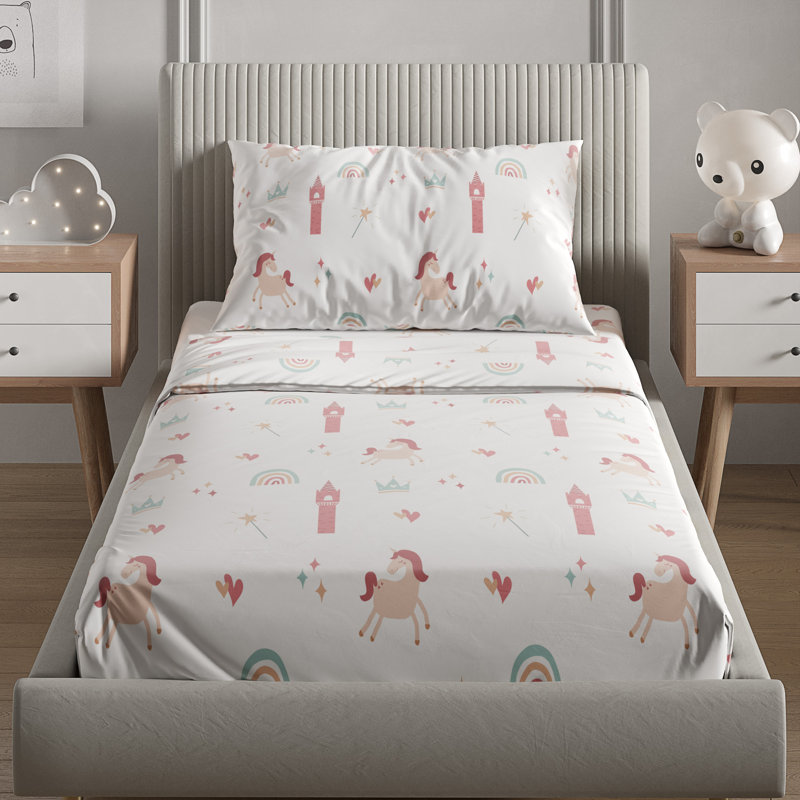 White Unicorn Print Twin Microfiber Kids Sheet Set