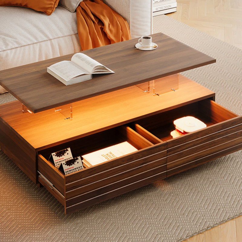 47.2" Rectangular LED Lights Coffee Table With 2 Drawers, Walnut