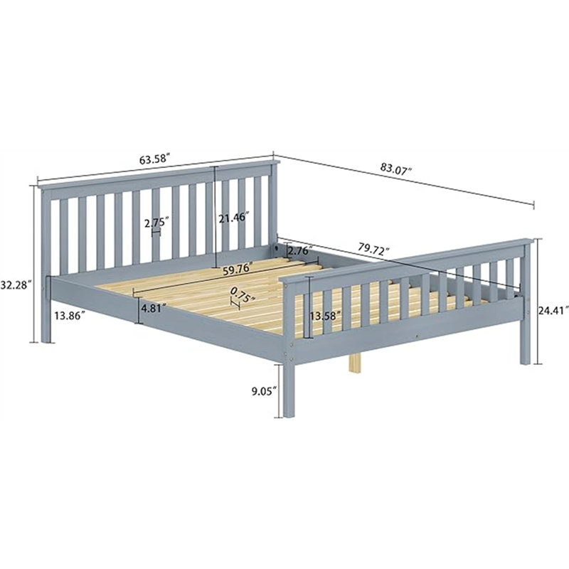 Bed Frames With Headboard, Solid Wooden Platform Bed With Corner, Modern Low Profile Bed Frame, No Box Spring Needed, Grey