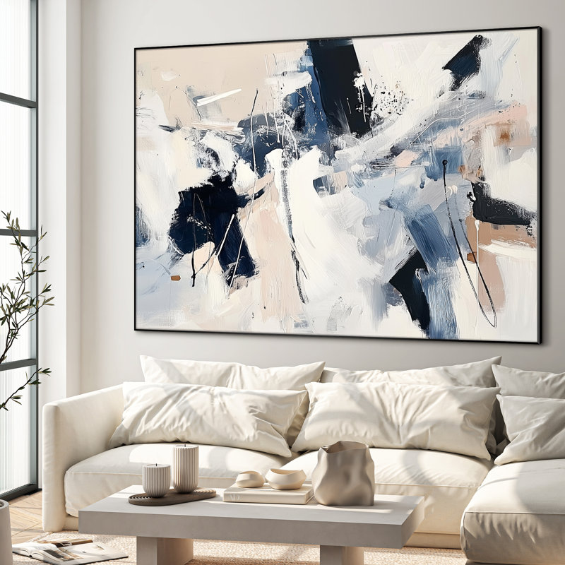 Extra Large Wall Art Fabric Print - Bold Black Blue Abstract Expressionist Style Artwork Decor for Living Room or Bedroom - "Frame Assembly Required (Unfinished Frame)"