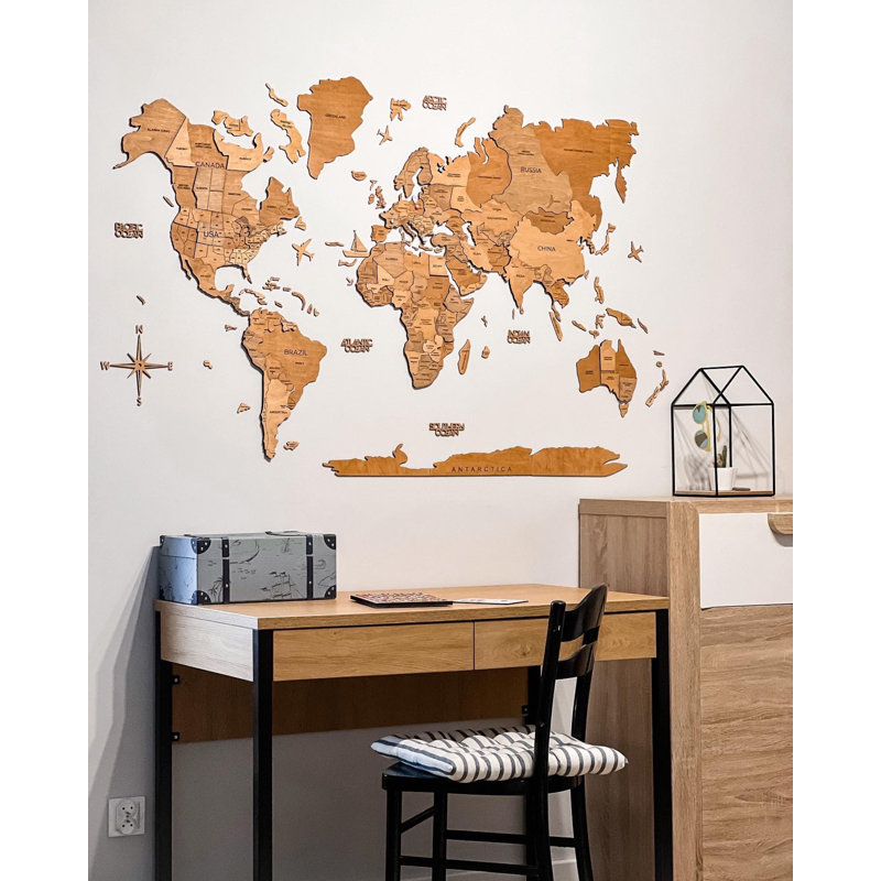 3D Wooden World Map Gold