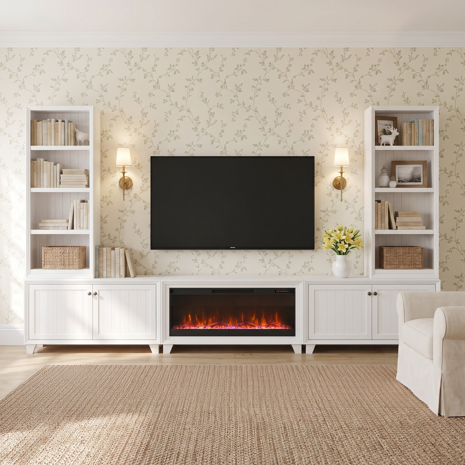 Satie 144" Electric Fireplace Entertainment Center, White