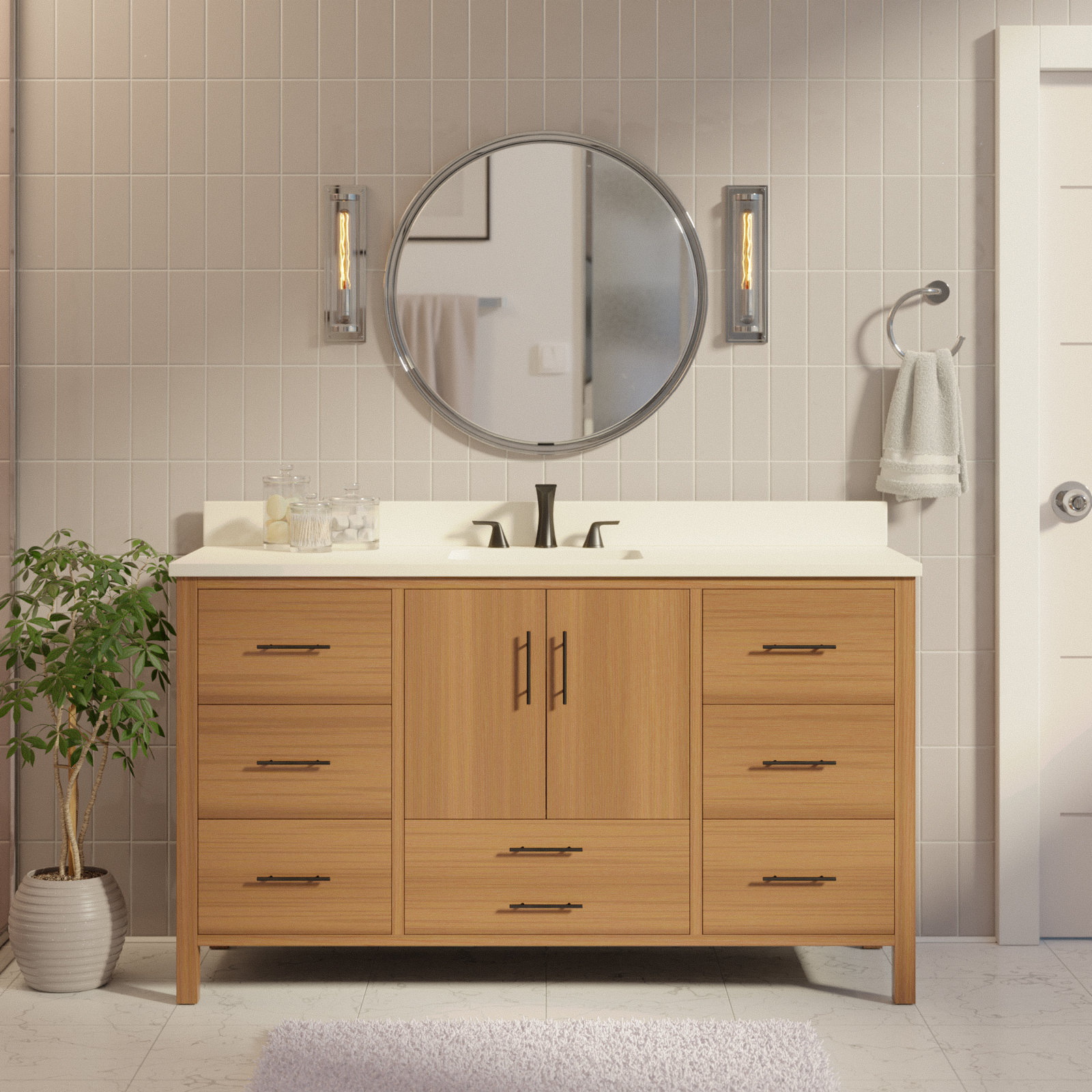 Kiara 60" Carrara Marble Single Bathroom Vanity, Blonde, Matte White