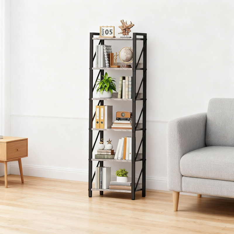 6-Tier Industrial Bookshelf With Metal Frame, Tall Bookcase Storage Organizer For Living Room, Bedroom, Home Office, And Kitchen