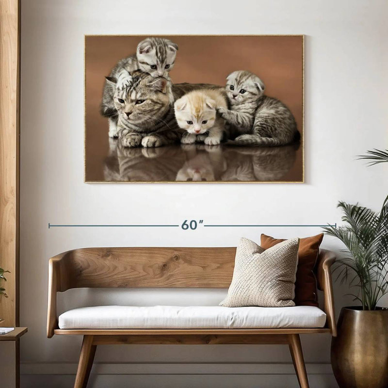 Famille de chats, Cadre flottant en bois naturel, 46 po x 31 po