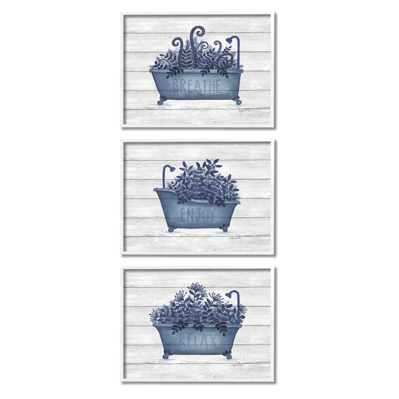 Profitez de la baignoire relaxante à feuillage bleu sur fond rayé 3 pièces Annie Lapoint, H 20 po x l 16 po, Cadre blanc