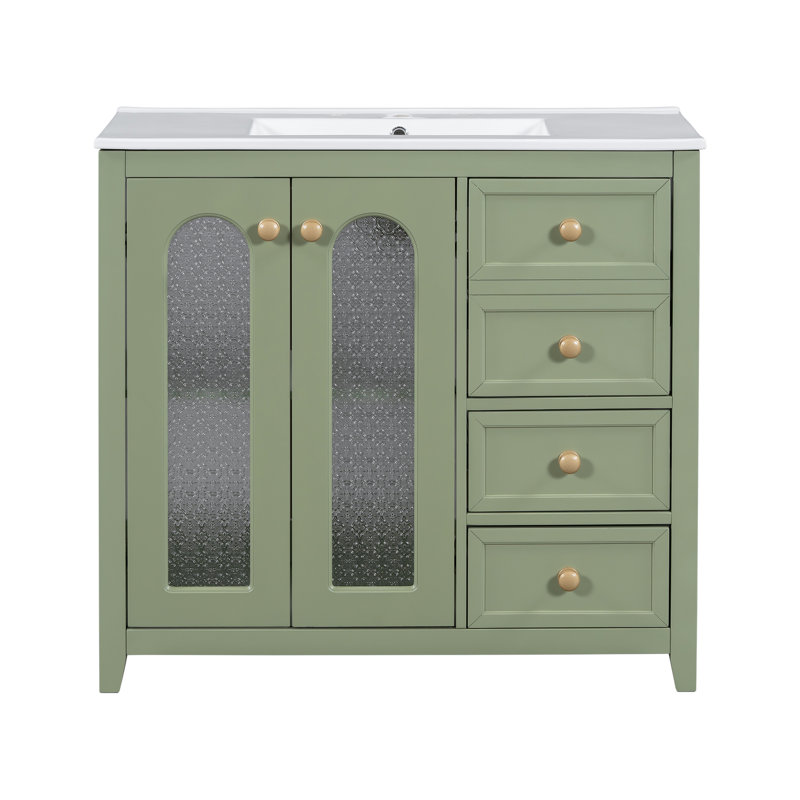 Meuble-lavabo de salle de bain avec comptoir de 36 po, tablettes réglables, 3 tiroirs en bois massif et armoire de 36 po avec poignées en métal doré de luxe, élégance