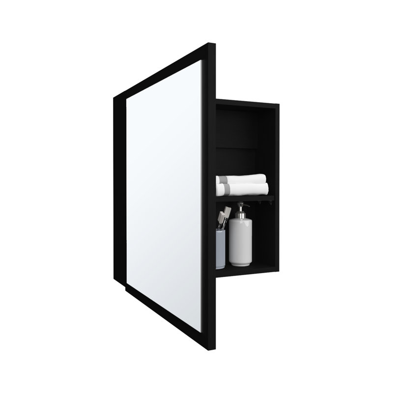 Armoire à miroir noire H 21,1 po x l 19,7 po pour salle de bain et cuisine, 4 tablettes intérieures et support à serviettes noir, support