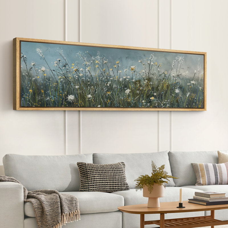 Moody Blueish Green Wildflowers Artwork, Country Bedroom Wall Pictures, Giclee Canvas Digital Print Extra Large Framed Wall Art