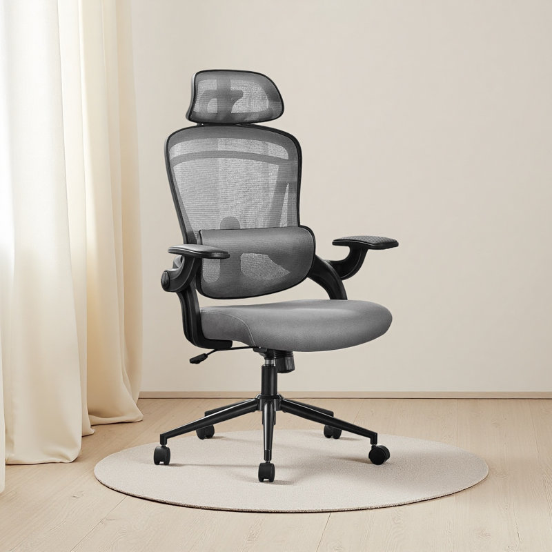 High Back Desk Chair with Adjustable Lumbar Support & Headrest,Comfortable Mesh Computer Chair with Soft Flip Up Arms, grey
