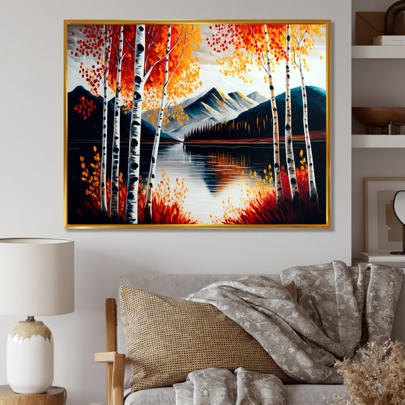 Bouleaux rouges et oranges au bord du lac I - Impression sur toile, H 30 po x l 40 po x P 1,5 po