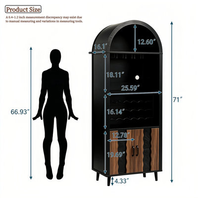 Vitrine à vin cintrée : vitrine haute cintrée, meuble noir cintré avec coin café, coin whisky avec casier à vin et porte-verres – buffet pour salon et salle à manger.