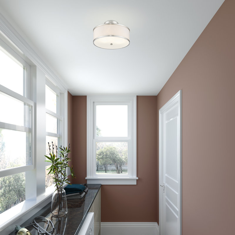 Berthine Fabric Semi Flush Mount, Brushed Nickel, 8" H x 13" W x 13" D, Off-White