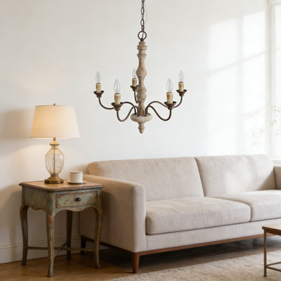 5-Light Farmhouse Chandelier, Rustic Distressed Wood And Rust Textured French Country Lighting Fixture For Dining Room, Living Room, Bedroom, Foyer