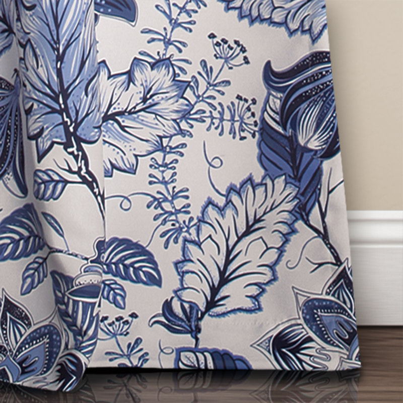 Blue Floral Jacobean Polyester Room Darkening Window Panels