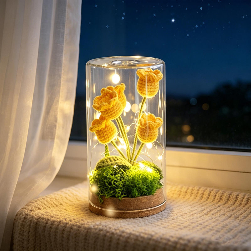 Lampe de chevet en forme de dôme en verre fait à la main au crochet fleur de la vallée, Jaune