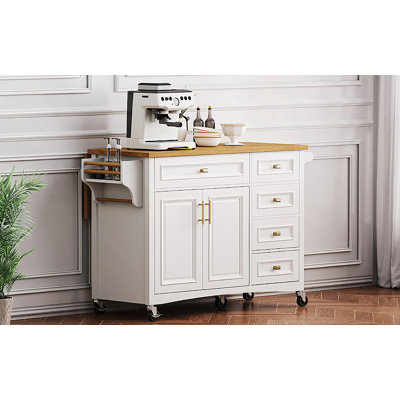 52'' Kitchen Island With Drop Leaf, Embossed Texture Kitchen Island On Wheels With Spice Rack, Towel Rack, 2 Doors And 5 Drawers, Kitchen Storage Cart With Adjustable Shelf For Kitchen, White