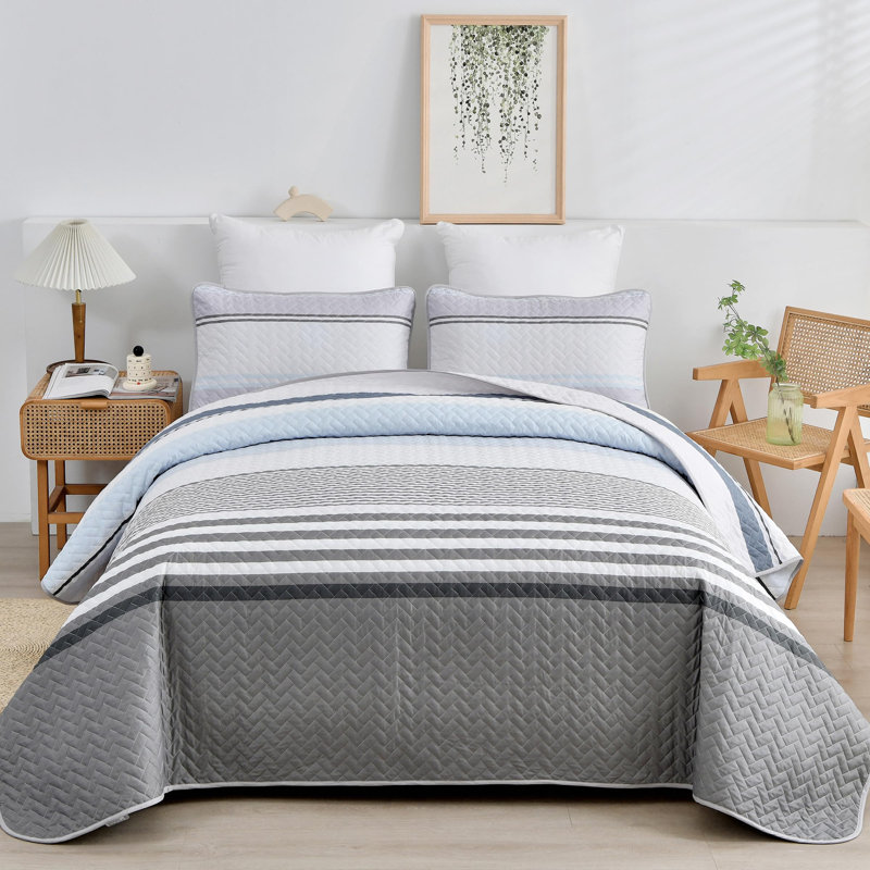 Ensemble de courtepointe rayée 3 pièces en microfibre douce pour toutes saisons, Gris te bleu