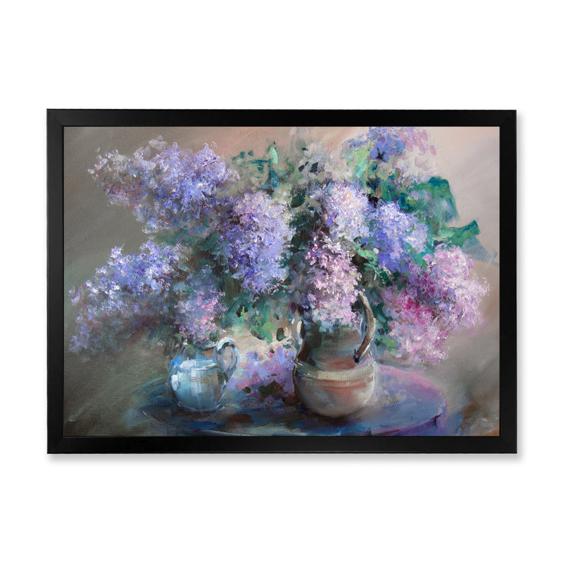 Nature morte avec des lilas - œuvre d'art traditionnelle sur toile, Impression noire sur toile encadrée