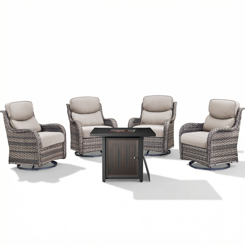Ensemble de conversation d'extérieur pivotant en osier 4 personnes avec table carrée en métal Simino, Beige, Gris