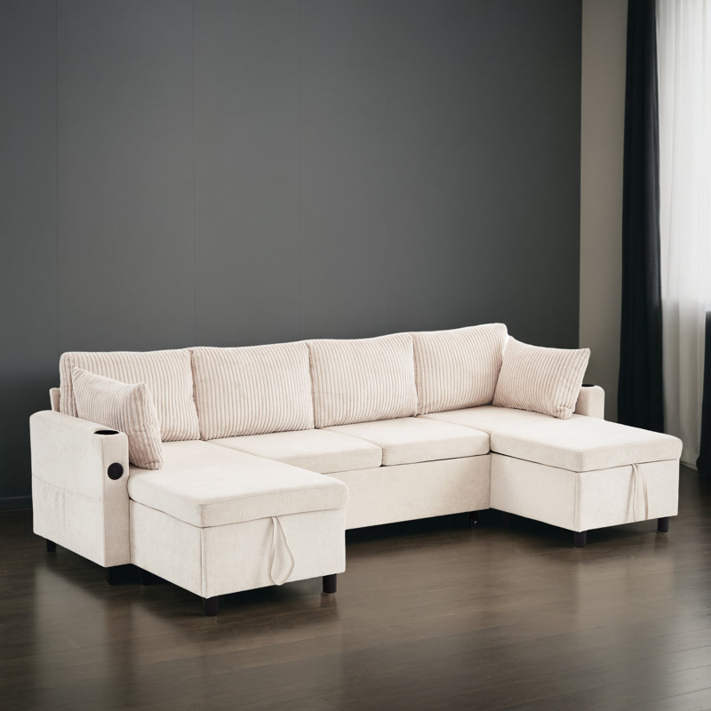 Canapé-lit modulaire escamotable en forme de U de 112 po avec rangement, Chenille beige