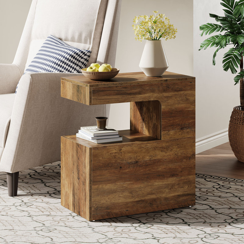 25.59" C-Shaped End Table with 2-Tier Storage, Rustic Brown Sofa Side Table