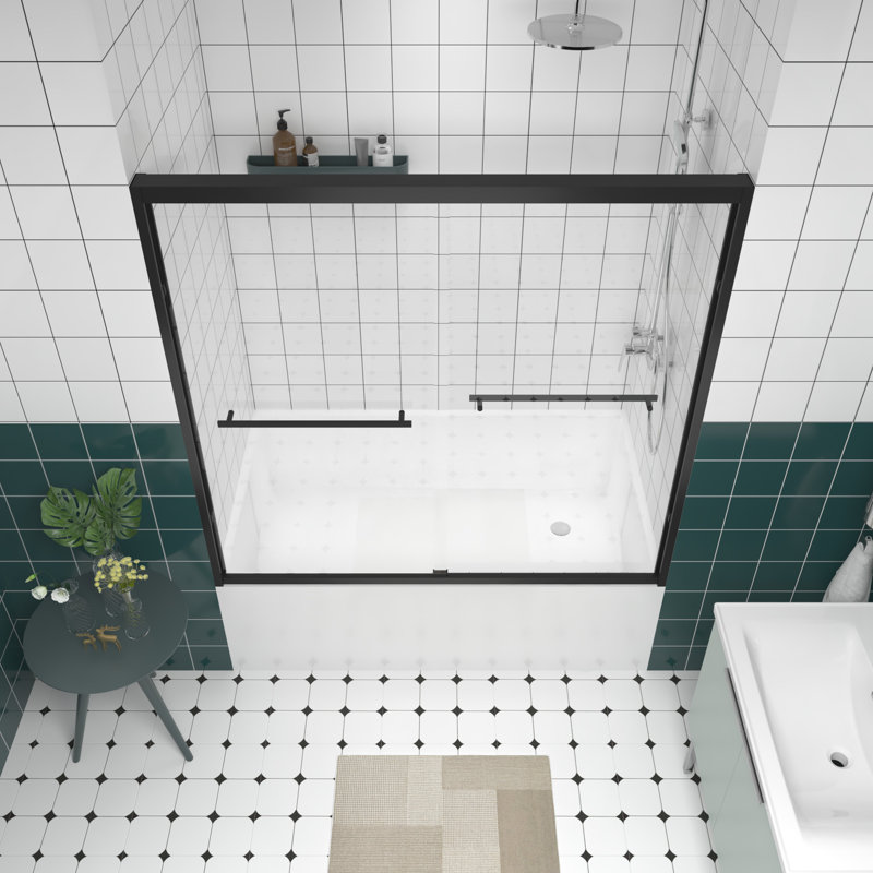 Pare-baignoire double coulissant avec cadre en aluminium, verre trempé de 1/4 po (6 mm), quincaillerie noire, conception de poignée, porte de salle de bain facile à installer de 56 à 60 po x 58 po avec cadre en aluminium épaissi, poignée en acier inoxydable