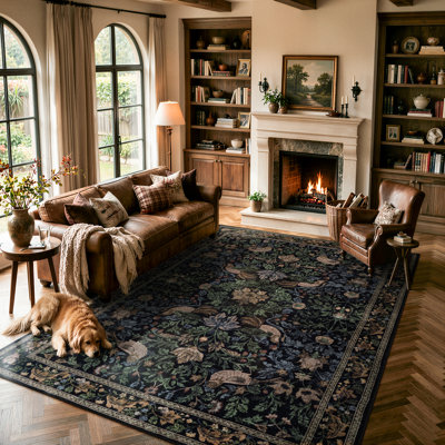  Forest Green Botanical Floral Washable Area Rug, Vintage Traditional Non-Slip Carpet for Living Room, Dining Room and Bedroom, Cottage Style Floor Covering