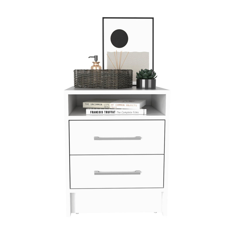 Table de chevet H 23,6 po, avec 2 tiroirs et 1 tablette, décoration intérieure moderne, Blanc