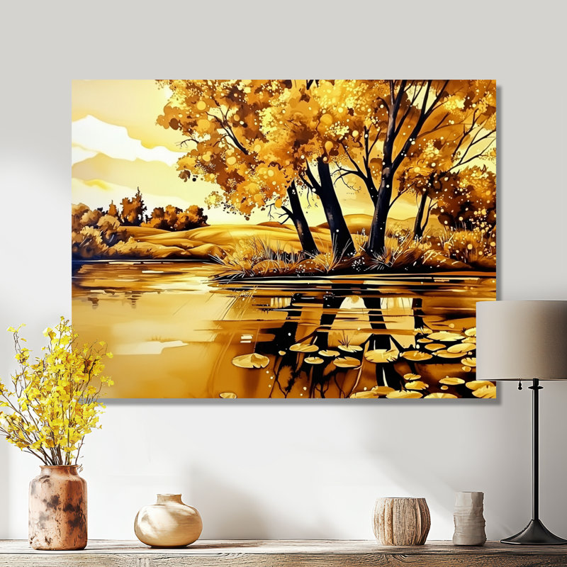 Golden Glow River In Autumn II - paysage, impression murale sur métal, H 12 po x l 20 po