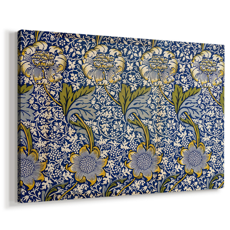 Design floral floral / papier peint (bleu et jaune) -William Morris-toile tendue avec châssis-c. Fin du 19e siècle, 40 x 60