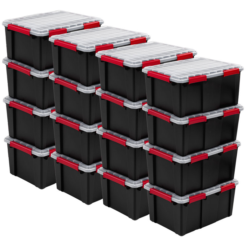 Sterilite 20 Gal Gasket Box, Stackable Storage Container w/ Lid, Black, 16 Pack