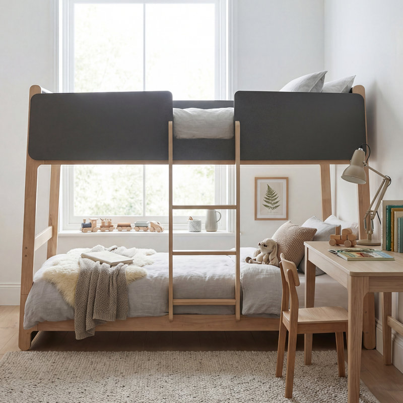 Lit superposé simple au-dessus d'un lit simple en bois massif scandinave Bustillo, Chêne lait / Graphite Up