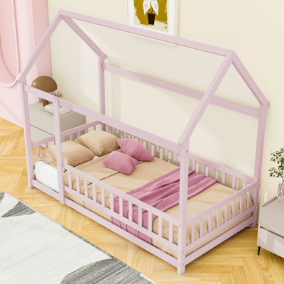 House-Style Twin Floor Bed with Roof and Protective Guardrails