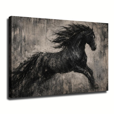 Art mural rétro au galop cheval sauvage noir, peinture à l'huile rugueuse cheval foncé texturé, imprimé animal gothique pour décor rustique foncé